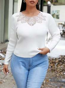 SHEIN Unity 大码女式刺绣水钻装饰长袖毛衣，秋冬针织套头衫 - 米色 - 查看 7