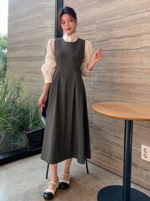 DAZY Đầm dài vừa phải không tay cổ tròn màu trơn cho nữ - Màu xám đen - Xem 6