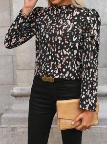 EMERY ROSE 女式碎花长袖休闲复古奢华轻薄蘑菇纽扣修身衬衫，法式浪漫百搭经典办公室装，黑色 - 黑色 - 查看 5