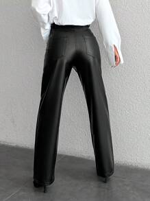 EURMUSE High Waist PU Leather Straight Leg Pants - Black - View 2