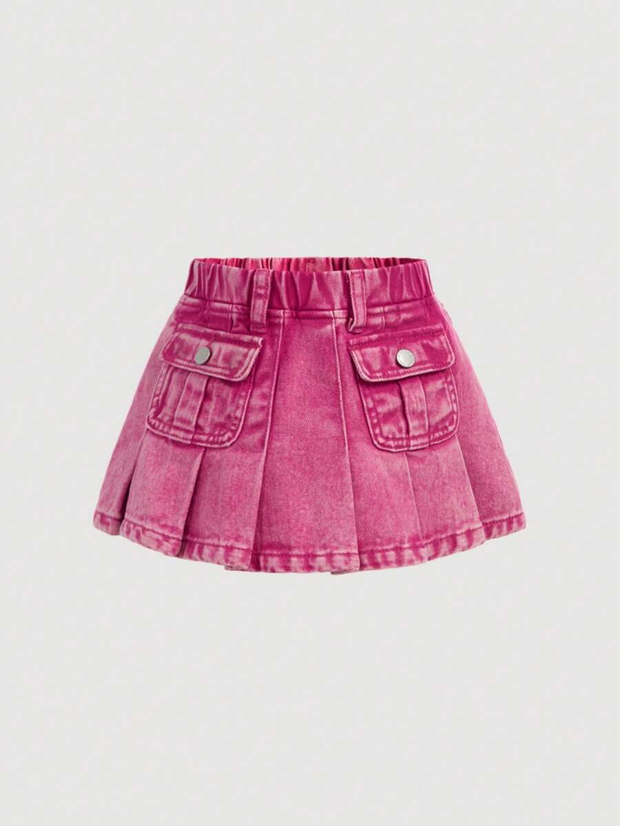 SHEIN Toddler Girls Cute Pink Denim Ruffle Skirt - Pink - View 1