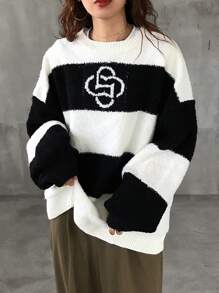 FRIFUL 女士秋冬撞色圆领落肩长袖休闲针织毛衣