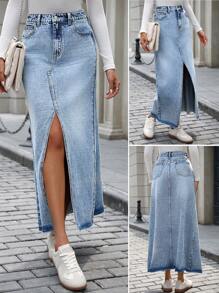 SHEIN LUNE Women's Simple Front Button Pockets Casual Denim Midi Skirt - Light Wash - View 1