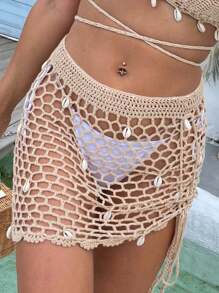 Swim Vcay 女士夏季服装 女士 波西米亚风 透明镂空前系带贝壳装饰罩衫裙 夏季