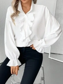 SHEIN Clasi Women Plain Woven Lantern Sleeve Casual Shirt, Regular Fit, Autumn/Winter Fall Cloth For Women - White - View 2