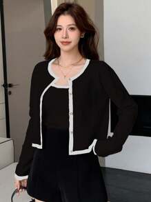 DAZY Bộ 2 áo len cardigan viền màu cho nữ kèm áo hai dây - màu đen - Xem 1