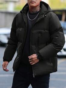 Manfinity Homme Men's Solid Color Front Zip Up Long Sleeve Minimalist Casual Men Hooded Winter Coat, Men Outerwear, For Fall