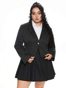 ROMWE Blazer Longo de Manga Longa com Cintura Marcada e Listras Vintage, Plus Size - Preto - Visão 6