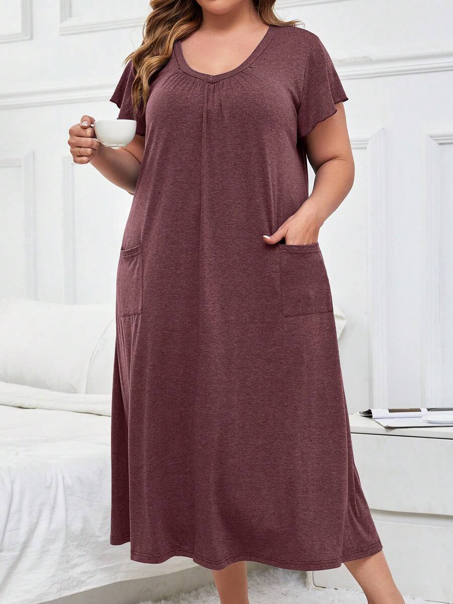 SHEIN Vestido de dormir casual de talla grande de un solo color, con piel amigable, con doble bolsillo, vestido largo, muu muu - Rosa Fucsia - Ver 1
