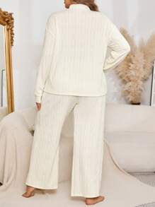 Plus Size Long Sleeve Jacquard Knit Front Zip Sweatshirt And Pants Pajama Set - Beige - View 2