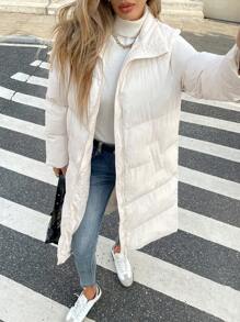 SHEIN Frenchy 女士纯色休闲长款棉质开衫，宽松款式 - 米色 - 查看 1