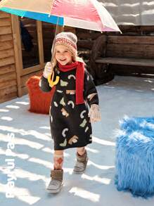 SHEIN 女童提花图案长袖可爱毛衣裙，秋冬 - 彩色 - 查看 4