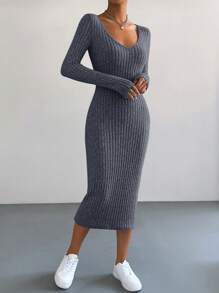 SHEIN Essnce Đầm midi dáng ôm cổ chữ V tay dài màu trơn cho nữ, mùa thu - Màu xám đen - Xem 4