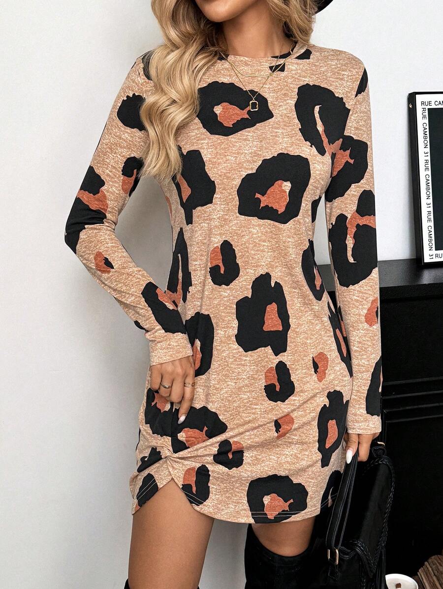 SHEIN LUNE Váy dài tay cơ bản cổ điển họa tiết da báo thời trang nữ, thiết kế thắt nút bất đối xứng, phù hợp cho mùa xuân, hè, thu và đông - Nhiều màu - Xem 1