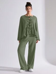 EURMUSE Plus Woman Bow Strap Long Sleeved Tw Pieces Set - Green - View 3