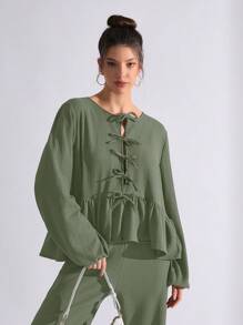 EURMUSE Plus Woman Bow Strap Long Sleeved Tw Pieces Set - Green - View 5