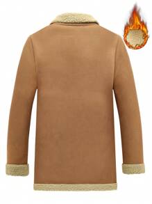 Manfinity Homme Men's Western Cowboy Style Autumn And Winter Warmth Khaki Suede Medium-Length Turn-Down Collar Button-Front Jacket Coat, Fall And Winter Men Going Out Fashion Warm Long Sleeve Color Block Jacket, For Friends, Husband, Boyfriend Gifts