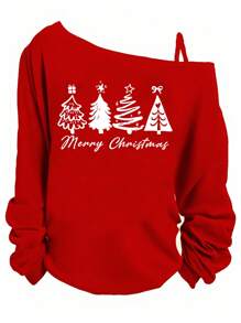 SHEIN LUNE Christmas Plus Size Women Casual Minimalist Christmas Tree Print Asymmetrical Shoulder Round Neck Sleeveless T-Shirt - Red - View 4