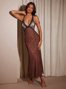 Hauture Contrast Color Lace Patchwork Leopard Print Backless Sleeveless Dress - Multicolor - View 3