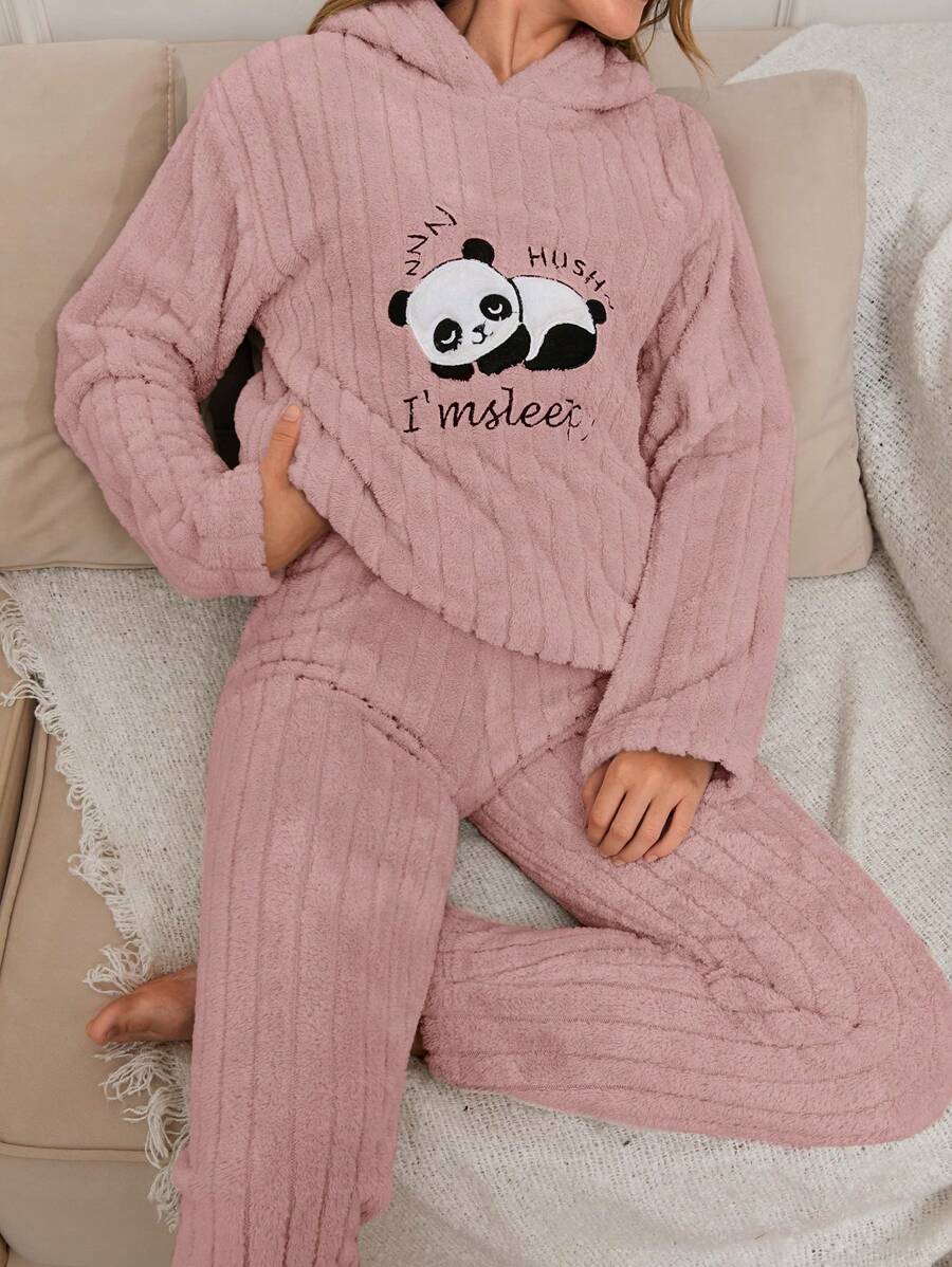 SHEIN Cottnline 2Pcs Plush Panda Embroidery Detail PJ Set - Dusty Pink - View 1