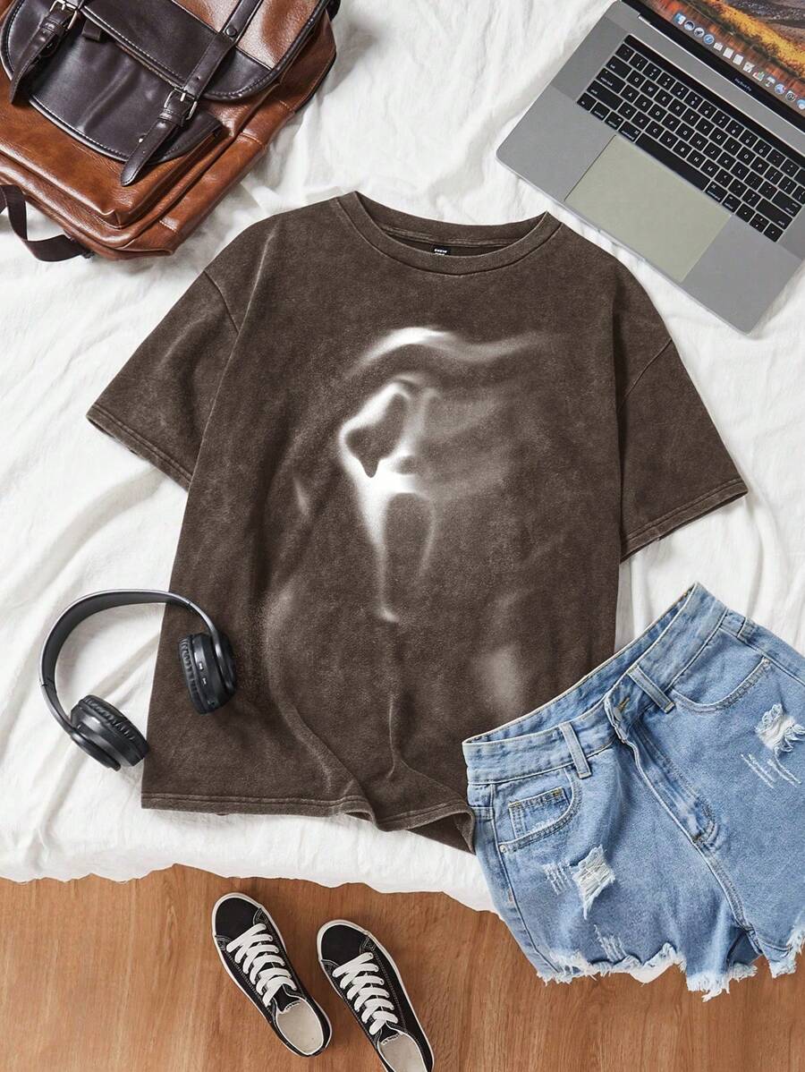 Muchica 1 件女式圆领棕色针织斑点鬼脸印花 T 恤 - 棕色 - 查看 1