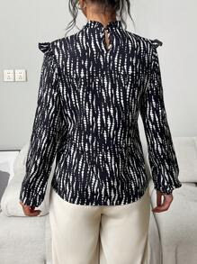 INAWLY Chemise à manches longues élégante avec col montant et imprimé tout-sur-pour femme - Noir et Blanc - Voir 2