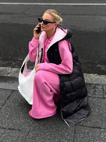 EURMUSE BLACK WINTER WOMEN COAT WITH PINK LINEN DETAIL - Black - View 7