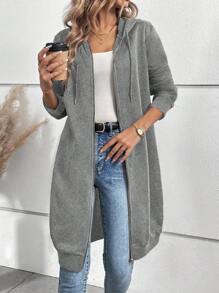 SHEIN LUNE Áo nỉ dài tay có mũ trùm đầu khóa kéo phía trước màu trơn cho nữ mùa thu - Xám - Xem 1