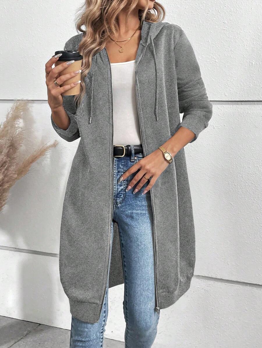 SHEIN LUNE Áo nỉ dài tay có mũ trùm đầu khóa kéo phía trước màu trơn cho nữ mùa thu - Xám - Xem 1