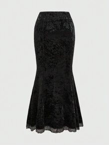 ROMWE Goth Women's Retro Glamorous Diamond Velour Splice Lace Trim Mermaid Hem Skirt, Palace Style - Black - View 2