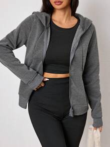 SHEIN Unity 女士纯色长袖拉链领休闲连帽夹克，秋季 - 灰色 - 查看 4