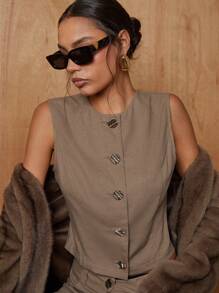 COSMINA 2pcs/Set Women Casual Solid Color Button Front Tank Top And Mini Skirt - Khaki - View 7
