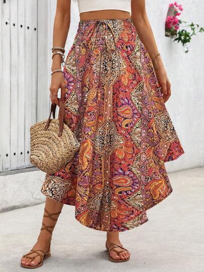 Breezaya All-Over Print Asymmetric Hem Skirt For New Year Clothes Maxi Fall Cloth For Women