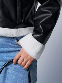 CovetEZ 厚羊毛衬里拉链立领 PU 机车夹克，大码，秋冬季 - 黑與白 - 查看 5