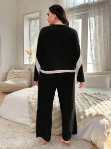 1set Plus Size Color Block Letter Print Long Sleeve Top And Pants Sleepwear Lounge Set - Black - View 2