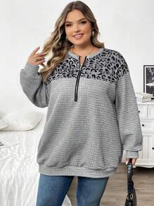 SHEIN CURVE+ 大码女式撞色豹纹半拉链半开襟卫衣，秋冬季/秋季女装/秋季上衣旅行机场装，秋冬T恤 - 灰色 - 查看 6