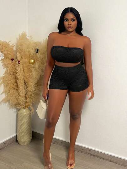 Slaydiva Set de 2 piezas: Top de banda rojo sexy y mini shorts ajustado de encaje de cintura alta