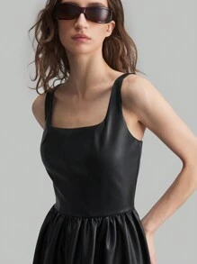 Ontre Vestito lungo elegante da festa con colletto quadrato, orlo oversize, estetica scura, in materiale PU, adatto per l'autunno e l'inverno - nero - Visualizzare 7