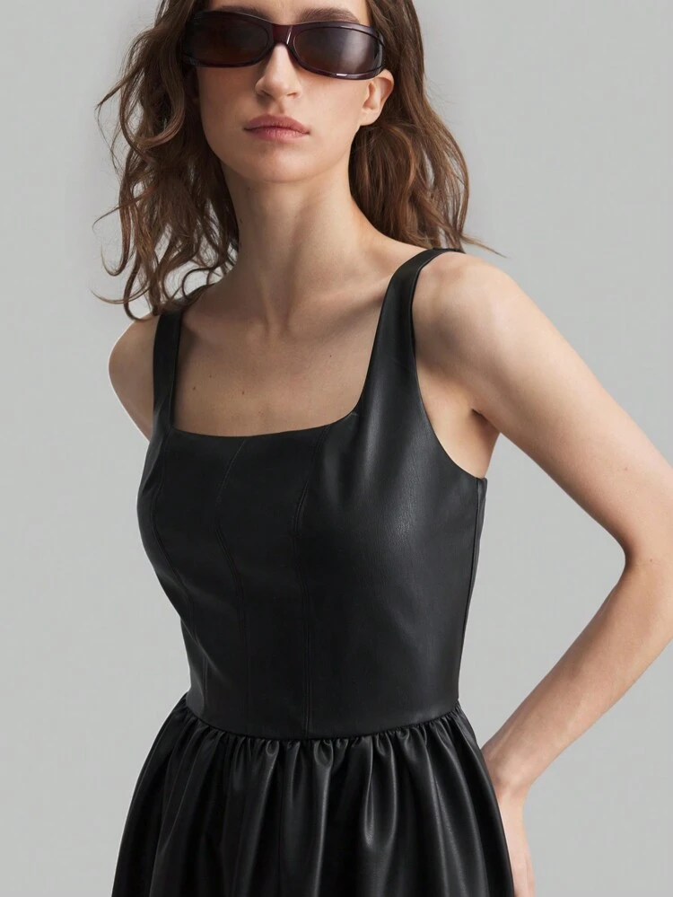 Black PU Square Neck Oversized Hem Dark Aesthetic High-End Long Party Dress, Autumn/Winter