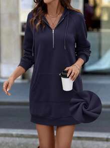 SHEIN LUNE Women Casual Zip Up Hooded Long Sleeve Pocket Sweatshirt Dress In Fall/Winter