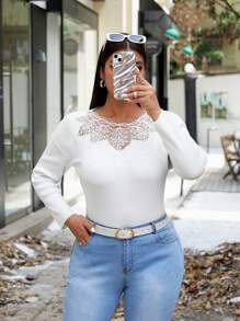 SHEIN Unity 大码女式刺绣水钻装饰长袖毛衣，秋冬针织套头衫 - 米色 - 查看 6