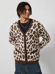 ROMWE MEN Street Life Men's V-Neck Long Sleeve Loose Knitted Cardigan With Leopard Pattern, Fall & Winter - Brown - View 6