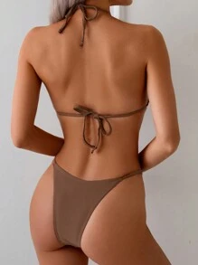 Set de 3 piezas Bikini triangular con decoración trenzada y corte sexy de tiro bajo para mujer, traje de baño de playa para adultos en verano