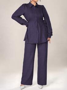 Graceveil 2pcs Women Casual Solid Color Texture Button Front Top And Pants Set, Autumn 2 Pieces Set Modest Fall Cloth For Women - Purple - View 7