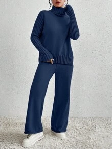 Calvaya 2pcs/Set Women Casual High Neck Drop Shoulder Sweater And Pants, Autumn/Winter - Royal Blue - View 4