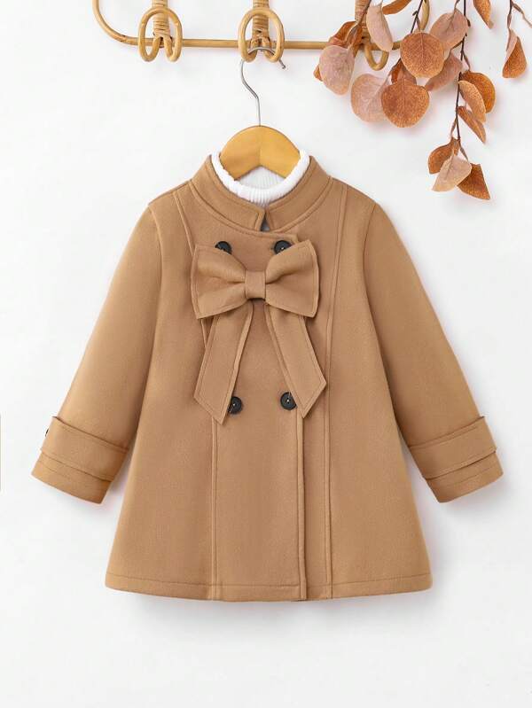 SHEIN Cappotto doppiopetto con fiocco decorativo per ragazza, giacca casual di media lunghezza alla moda, adatta per uso quotidiano e pendolarismo