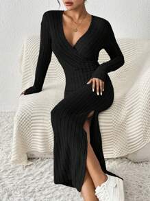 SHEIN Frenchy 女士优雅纯色 V 领长袖开衩下摆连衣裙 - 黑色 - 查看 5