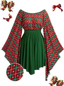 SHEIN Unity 大码女式拼色花卉印花喇叭袖中长圣诞连衣裙 - 彩色 - 查看 1