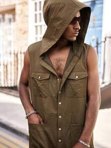 Manfinity Dauomo Men's Solid Color Sleeveless Hooded Jumpsuit, Casual Vacation Style - Green - View 4