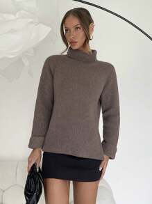 Chiquease Women's Solid Color Long Sleeve High Neck Basic Split Hem Sweater, Casual Daily Wear, Knit Pullover Fall Winter - Brown - View 5